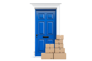 Bright blue door with stacked packages against white background