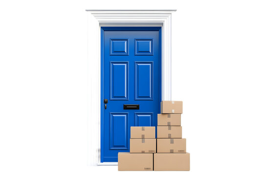 Bright blue door with stacked packages against white background