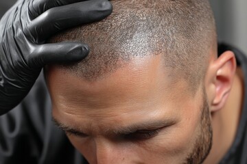 Fototapeta premium Close-up of a man with a shaved head receiving a hair treatment