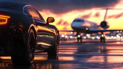 Obraz premium Luxury Car and Private Jet at Sunset: A Symbol of opulence and travel