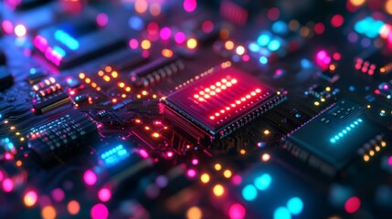Obraz premium Illuminated circuit board close-up technology lab digital art futuristic environment macro view innovation concept