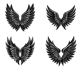 Black Feathered Wings Vector Set – Elegant and Powerful Wing Designs in Dark Tones for Tattoo Art, Fantasy Posters, Supernatural Themes, and Mythological Graphics.