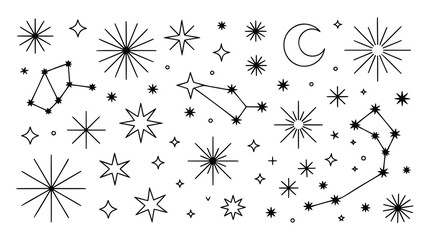 Obraz premium A whimsical and stylish pattern featuring various black line art celestial elements