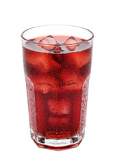 Refreshing, iced crimson beverage in a clear glass, isolated on a black background