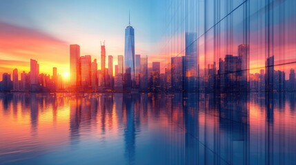 Obraz premium City Skyline at Sunset with Water Reflection