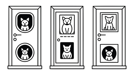Three stylized doors, each with a small dog peering out from a window