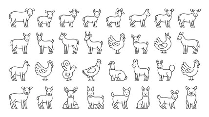 This image features a collection of simple, black-line illustrations of farm animals