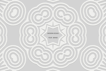 Ethnic white lorem background, cover design, banner. Geometric elegant 3D pattern, place for text. Relief ornaments, arabesques, mandala of the East, Asia, India, Mexico, Aztec, Peru in boho style.