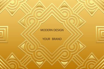 Ethnic gold lorem background, cover design, banner. Geometric vintage gold 3d pattern, place for text. Relief ornaments, arabesques, mandala of the East, Asia, India, Mexico, Aztec, Peru in boho style