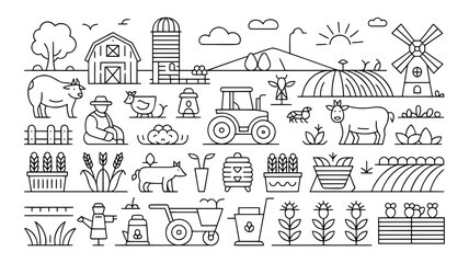 Obraz premium A charming, minimalist line art illustration depicting various farm elements