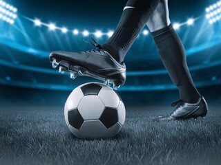 A male athlete prepares to kick a soccer ball on a stadium field, illuminated by dramatic lights.