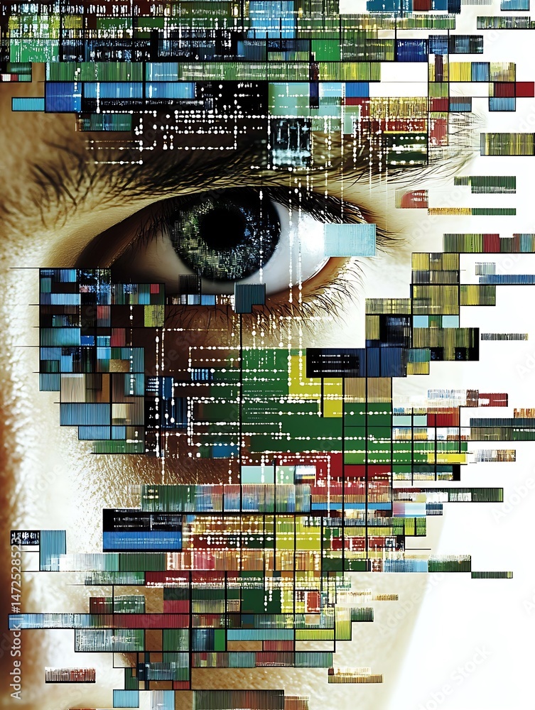 Poster abstract digital art eye with colorful pixel patterns and data