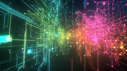 Dynamic digital network visualization abstract technology environment colorful flowing data patterns futuristic concept
