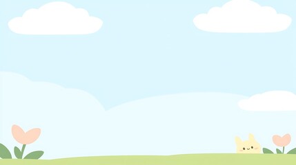 Cute Cartoon Landscape with Happy Cat Peeking Among Flowers and Sky