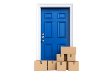 Blue door with cardboard delivery boxes stacked outside on white background