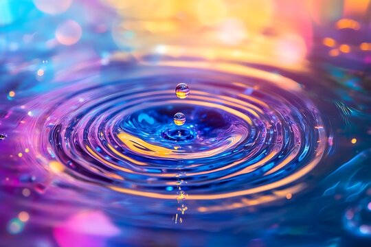 Captivating abstract art of droplets creating colorful water ripples and reflections