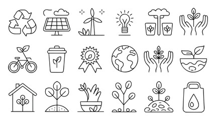 Fototapeta premium This set of simple line art icons depicts various eco-conscious actions and concepts