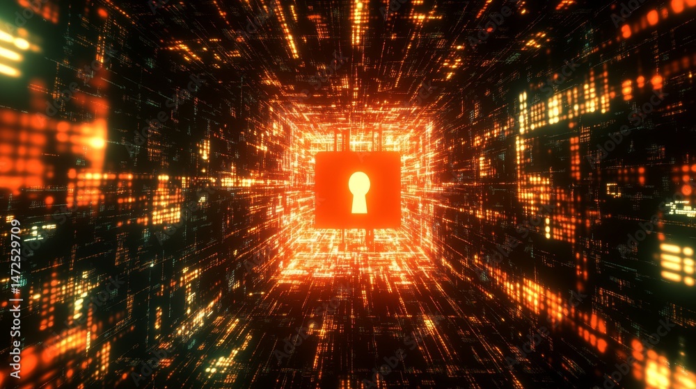 Poster cybersecurity breach simulation digital landscape visual representation virtual environment abstract
