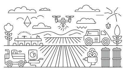 A stylized, line art illustration of a modern farm scene, showcasing the integration of drones, automated equipment, and technology in agriculture