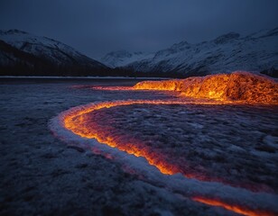 Fototapeta premium A breathtaking view of molten lava flowing across a snowy landscape at twilight, creating a striking contrast.