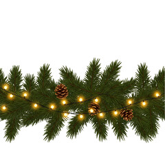 Luminous Christmas Garland Festive Lights Pine Cones  Greenery isolated on transparent background