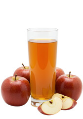 Fototapeta premium Apple juice in tall glass, surrounded by whole and sliced red apples on a solid background