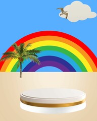 An empty white podium, a rainbow with six bright colors over a yellow background, and two clouds on its side. Fun summer illustrations for advertising children's items, promotional offers, sales, vect