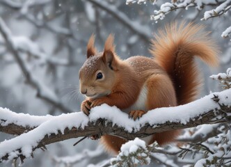 Fototapeta premium Fluffy red squirrel nestled in snowy branches, snowflakes falling , snow, season