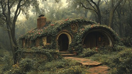 Obraz premium Lush, overgrown dwelling nestled within a misty forest.