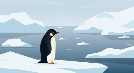 Penguin Standing on Iceberg in Cold Arctic Landscape
