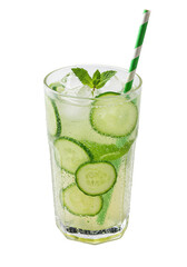 A refreshing cucumber and mint infused drink with ice in a tall glass with green straw