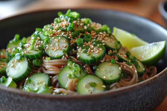 Bowl of noodles with cumin and cucumbers.