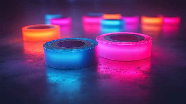 Glowing tape rolls shine bright on a dark surface, displaying vibrant colors in a hazy atmosphere