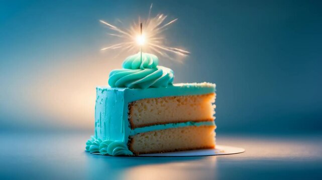Homemade layered cake slice featuring turquoise frosting and a sparkler