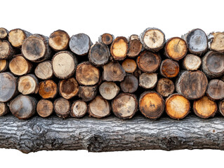 Stacked logs for firewood preparation forest nature close-up. Isolated on transparent background, png.