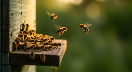 Swarm of Bees Flying Around a Wooden Beehive in Sunlight on Green Background