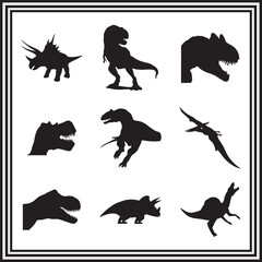 Dinosaur Silhouette Vector Set – Prehistoric Creature Icons Featuring T-Rex, Triceratops, and Flying Reptiles