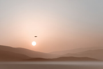 Fototapeta premium serene and minimalistic landscape featuring ufo hovering in sky during stunning sunset