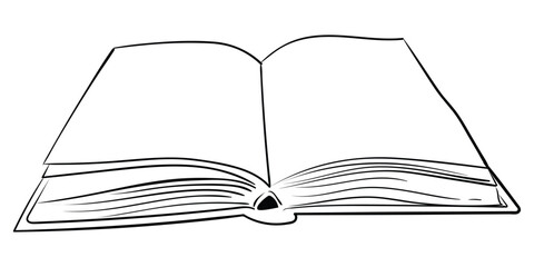 Open book hand drawn on transparent background. Vector image drawn with black lines. Template for Back to school and knowledge day.
