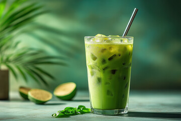 Fototapeta premium A glass of green tea with a straw.