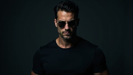 Fototapeta premium Intense Man Posing With Sunglasses Studio