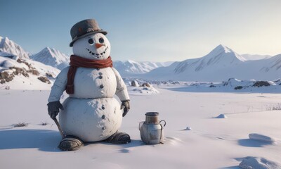 Fototapeta premium Frosty snowman, abandoned winter gear, desolate expanse, landscape, isolated, sled