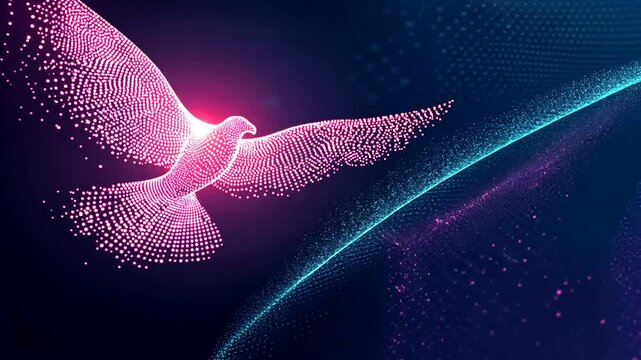 A luminous avian figure, formed by countless pink specks, soars amidst a dynamic, abstract array of blue and purple dots