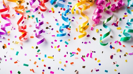 Obraz premium Celebratory confetti and streamers festive party setting colorful decorations joyful atmosphere bird's eye view celebration concept
