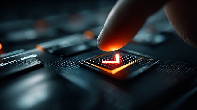 Finger Pressing Glowing Check Button &ndash; Futuristic Interface Confirmation Concept