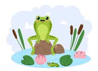 Frog character sitting in swamp nature water composition isolated concept. Vector graphic design illustration