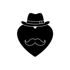Silhouette icon of a heart with a mustache and hat, minimal vector design, cute and symbolic style for Father&rsquo;s Day 