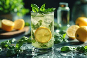Fototapeta premium Glass of lemonade with mint and lemon slices.