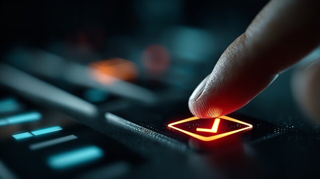 Finger Pressing Glowing Check Button &ndash; Futuristic Interface Confirmation Concept
