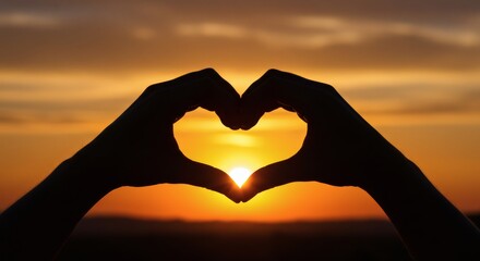 AI image of silhouetted hands forming a heart shape, perfectly framing the setting sun against a golden, romantic sky.